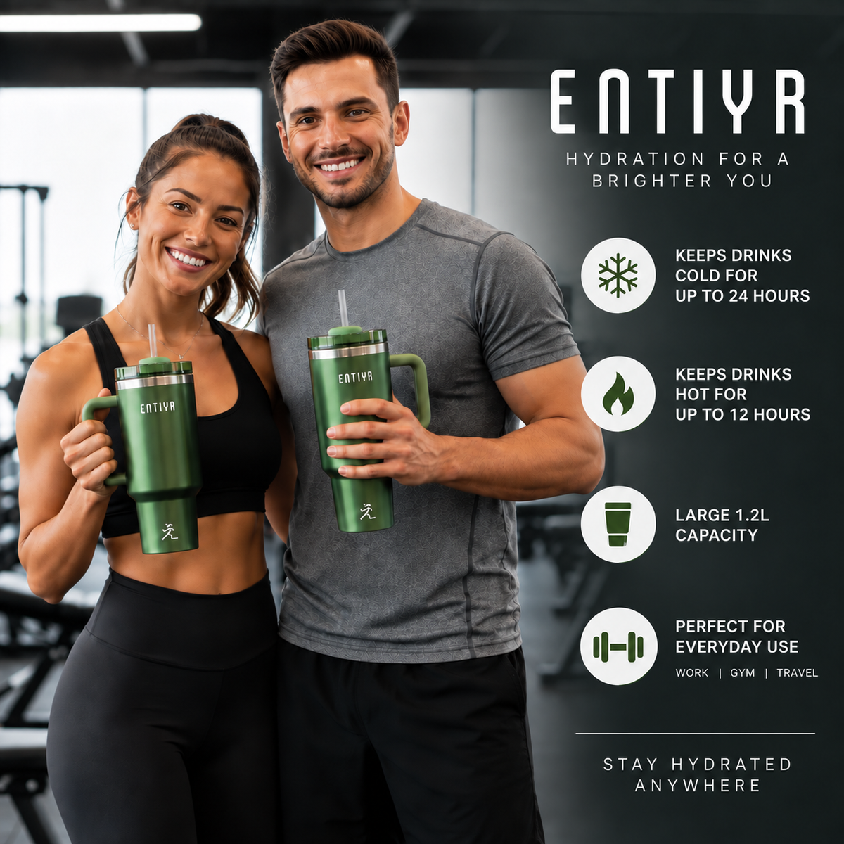 ENTIYR - Travel Mug Coffee Cup 1.2L Water Bottle with Straw, Matcha Green