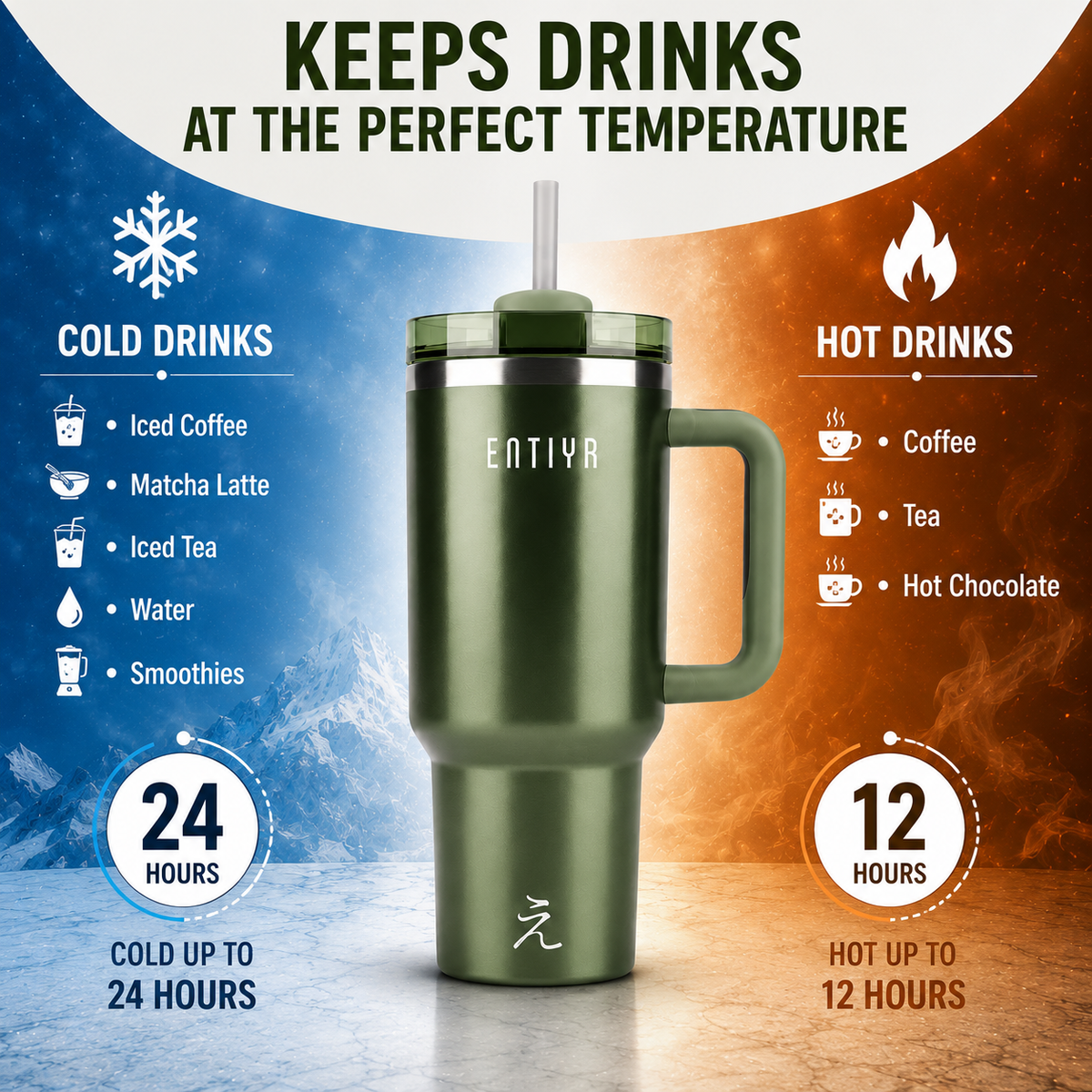 ENTIYR - Travel Mug Coffee Cup 1.2L Water Bottle with Straw, Matcha Green