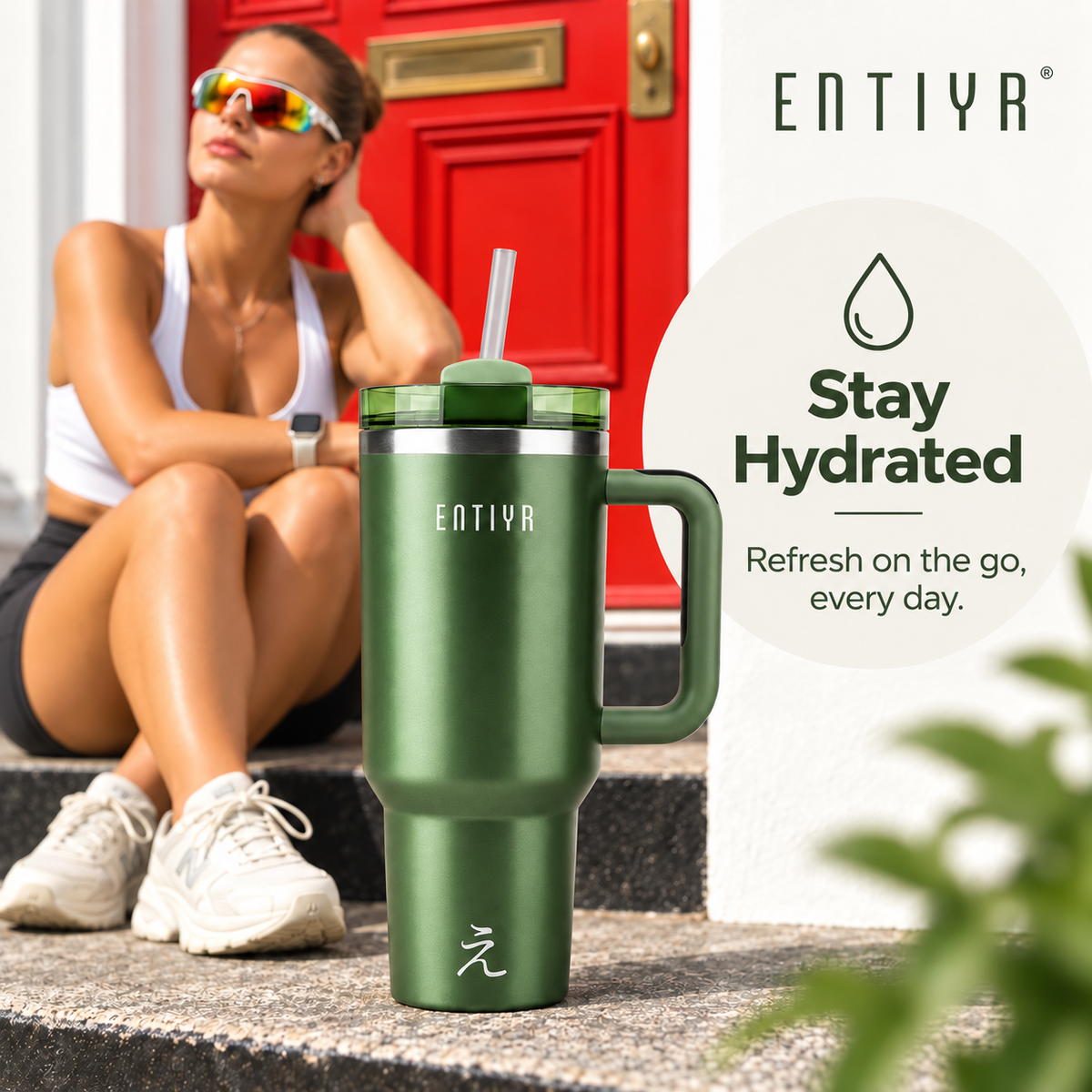 ENTIYR - Travel Mug Coffee Cup 1.2L Water Bottle with Straw, Matcha Green