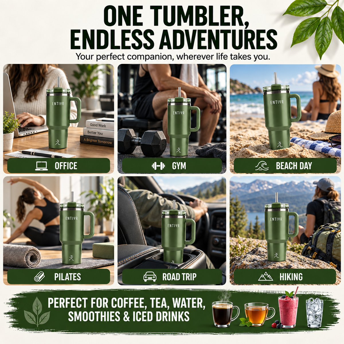 ENTIYR - Travel Mug Coffee Cup 1.2L Water Bottle with Straw, Matcha Green