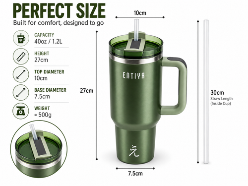 ENTIYR - Travel Mug Coffee Cup 1.2L Water Bottle with Straw, Matcha Green